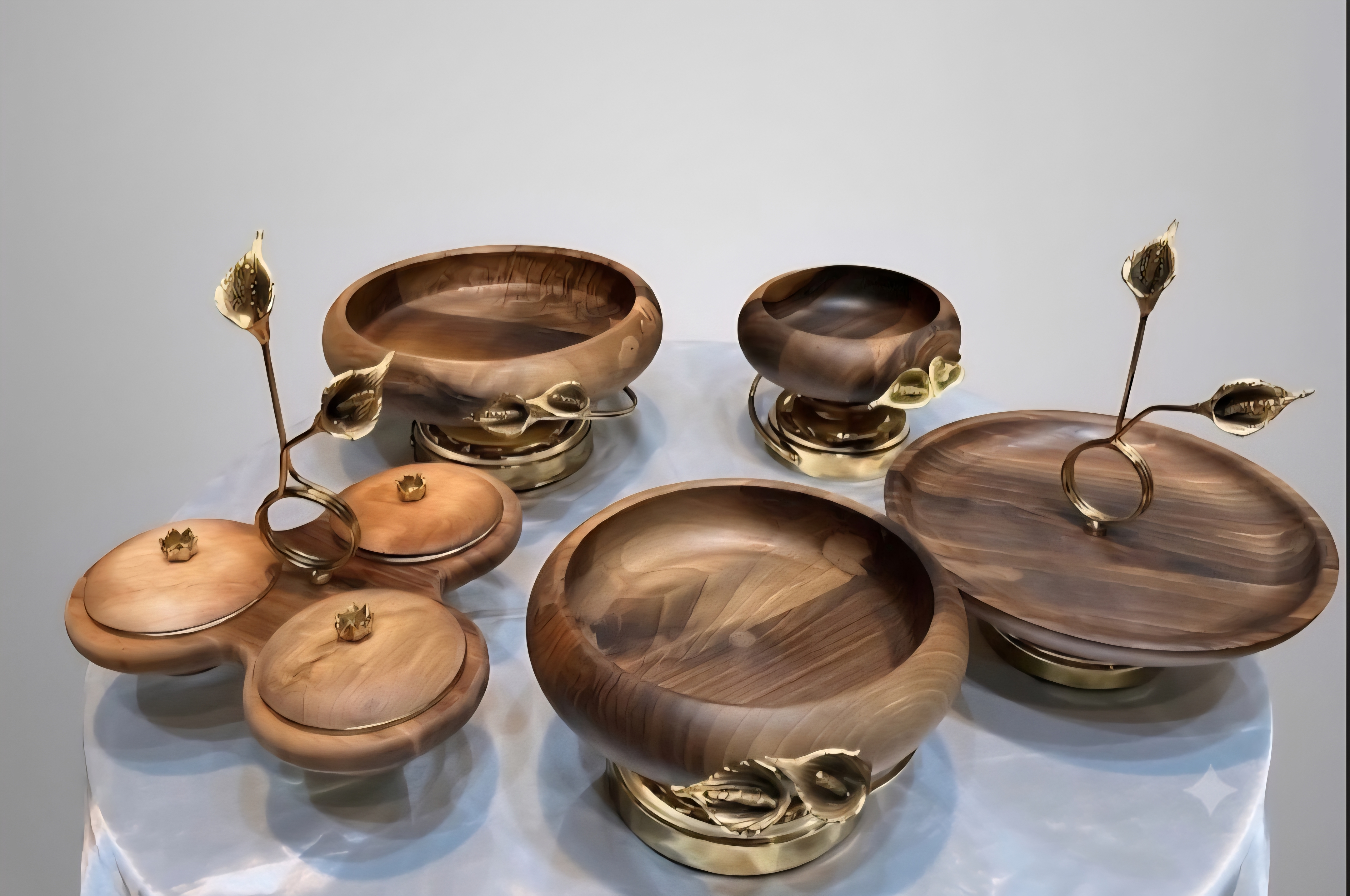 سرویس پذیرایی تمام چوب گردو طرح گل لیلیوم الیاژ برنج و برنز درجه یک