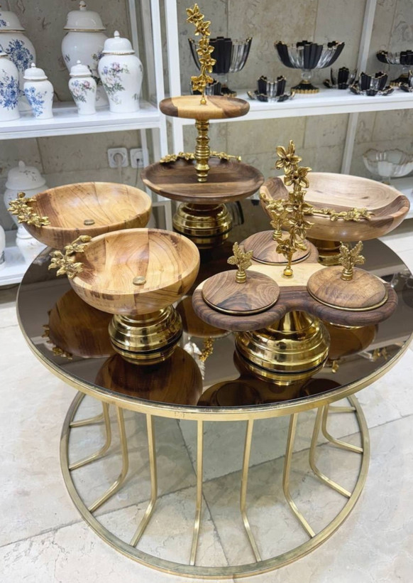 سرویس پذیرایی تمام چوب گردو طرح گل سوسن الیاژ برنج و برنز درجه یک