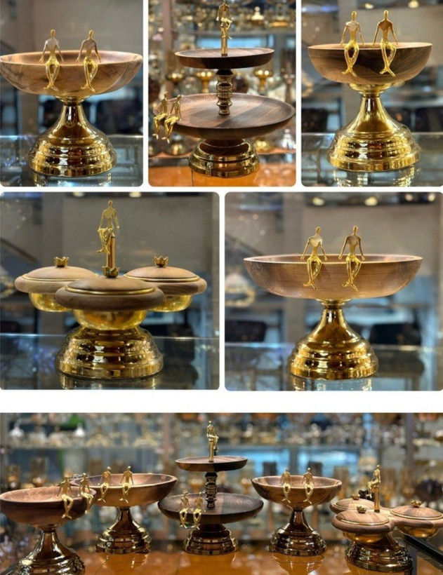 سرویس پذیرایی ۵ تیکه تمام چوب گردو آدمک الیاژ برنج و برنز درجه یک